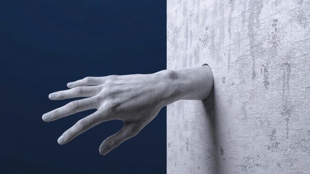 Human hand, protruding from concrete wall, dark background, surreal scene, modern art