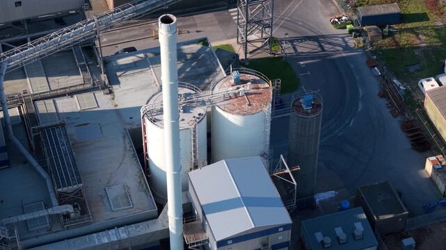Birds eye view of an industrial biomass power station converting meat and bone meal into green electricity