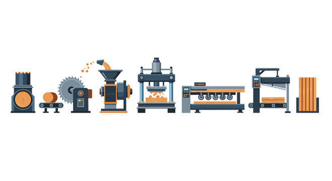 A complete sequence of industrial woodworking machinery including saws presses and sanders is displayed in a clean horizontal line against a pure white background.