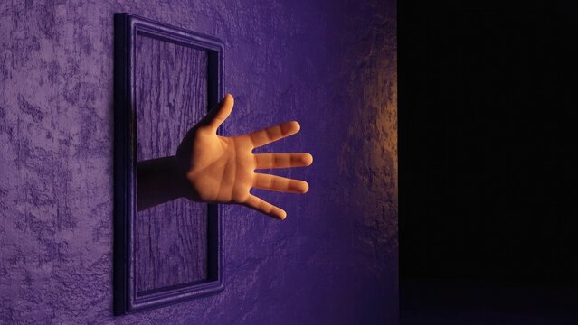 Hand reaching through frame, purple background, surreal scene, mysterious gesture