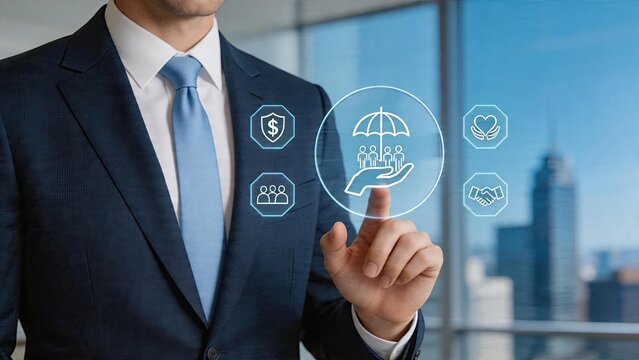 Businessman interacting with digital interface showing human resources concept hand selecting icon with protection shield symbol for employee benefits and social security
