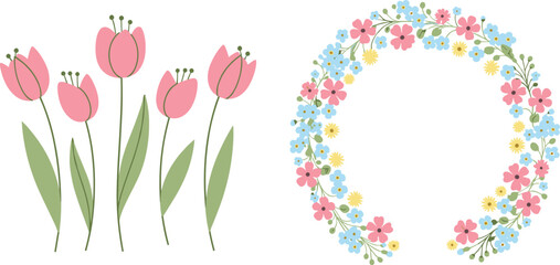 Pink tulips and floral wreath set illustrating spring flowers, botanical elements, and decorative vector illustration © Rumi