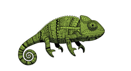 Obraz premium Intricately detailed green chameleon illustration with a curled tail on a white background.