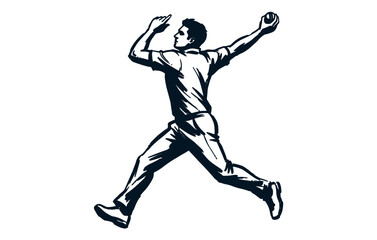Obraz premium Black and white ink illustration of a cricket bowler in action motion.