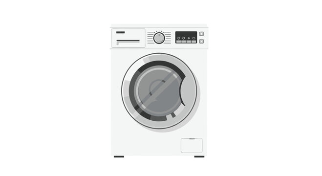 A minimalist grayscale illustration of a domestic washing machine highlights the circular drum and basic control interface against a stark white studio environment.
