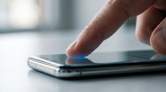 Biometric fingerprint security concept on smartphone screen, finger touching digital scanner. Mobile authentication, identity verification and data privacy.