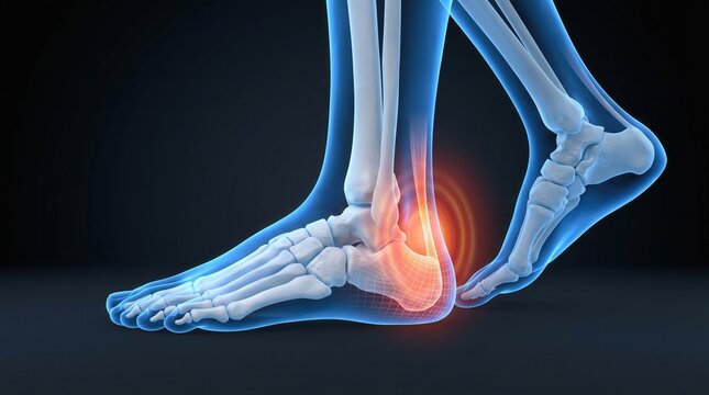 Achilles tendonitis and heel pain medical illustration, 3D render of human foot anatomy. Plantar fasciitis, orthopedic inflammation and sports injury concept for healthcare and physiotherapy.