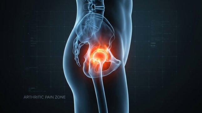 Hip pain and arthritis concept with glowing red inflammation in human joint, 3D medical render illustration. Orthopedic healthcare, chronic joint inflammation and pelvic anatomy.