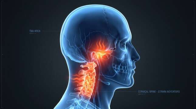 TMJ pain and cervical spine strain concept, 3D medical illustration of human head with inflammation. Healthcare diagnostics and chronic joint disorder visualization.
