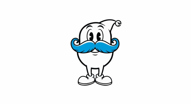 Cartoon character with a large blue mustache and beady eyes