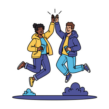 Two diverse friends jumping for high five celebrating international friendship day, unity, connection