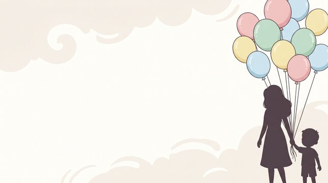 A heartwarming silhouette of a mother and child holding a vibrant cluster of balloons, symbolizing boundless joy, maternal love, and the tender dreams of childhood