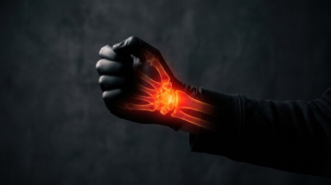Orthopedic health concept of glowing orange bones on clenching hand. Radiography visual for rheumatism, tendonitis or traumatic fracture.