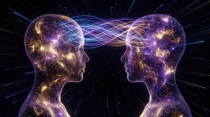 Obraz premium Telepathy and mental connection concept, two cosmic human profiles sharing energy waves. Collective consciousness and shared brainstorming ideas.