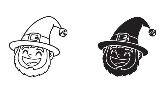 A black and white illustration of two smiling leprechaun heads with hats on a white background