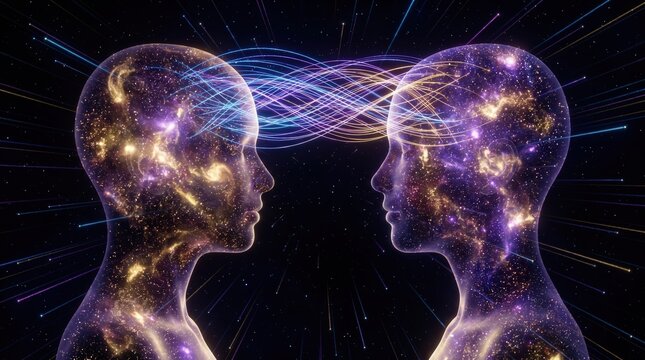 Telepathy and mental connection concept, two cosmic human profiles sharing energy waves. Collective consciousness and shared brainstorming ideas.