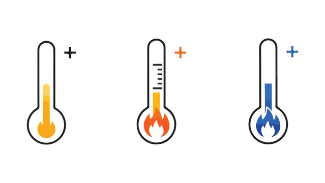 Three thermometer icons in different colors on white background showing temperature levels