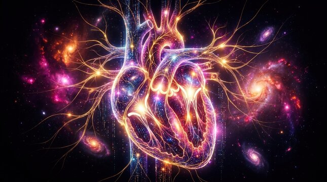 Cosmic human heart concept with glowing neural networks in space, 3D render. Universal life force, emotional intelligence and cardiology medical innovation.