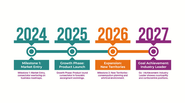 Timeline infographic showing business milestones from 2024 to 2027.