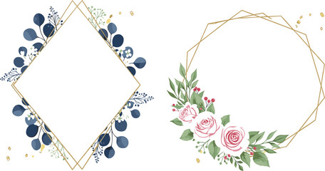 Geometric floral frames with roses and eucalyptus leaves illustrating elegant botanical borders, wedding invitation design, and vector illustration © Rumi