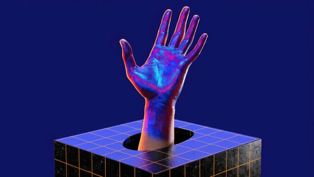Futuristic hand, neon lit, emerging from cube, holographic, 3D render