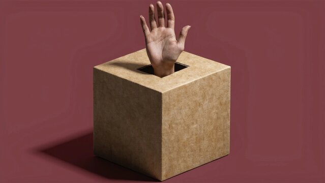 Creative hand, cardboard box, waving palm, brown background, conceptual still life