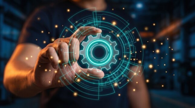Industrial automation concept, hand touching glowing digital gear icon. Digital transformation and business process optimization for industry 4.0 efficiency.