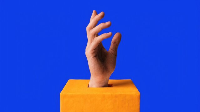 Hand, reaching out from orange box, blue background, conceptual gesture