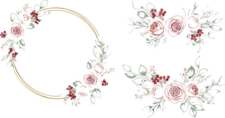 Delicate floral arrangements with roses and berries set illustrating elegant botanical compositions, wedding decor, and vector illustration © Rumi