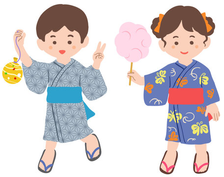 縁日を楽しむ浴衣姿の子供たち