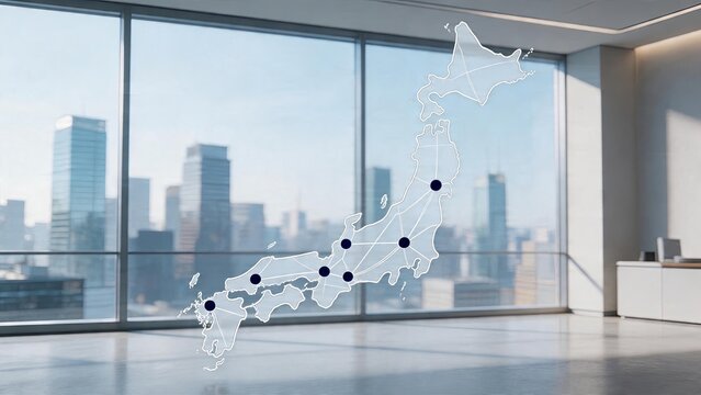 Business network map of Japan displayed in modern office window with cityscape background digital connectivity concept corporate strategy visualization economic growth chart urban