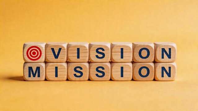 Business concept wooden cubes with VISION and MISSION words target symbol corporate strategy goal setting management philosophy company values yellow background minimalist style