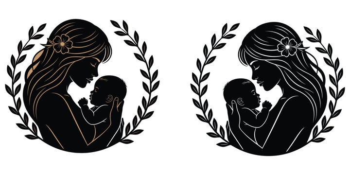 Silhouette of madonna and child with floral wreaths a classic religious iconography