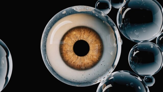 Macro eye in bubble, human eye close-up, transparent orb, eye in waterdrop, surreal vision