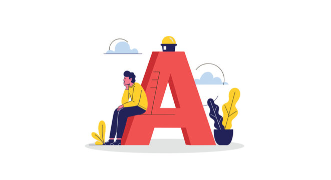 Thoughtful man sitting on a large red letter A representing brainstorming, ideas, and solving problems in business.