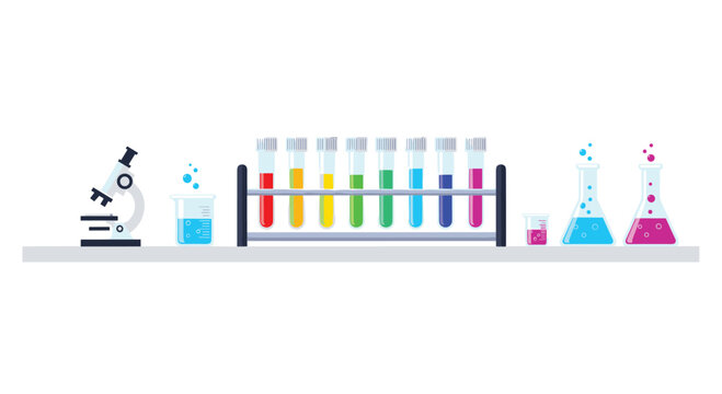 A pristine laboratory bench features a professional microscope alongside several glass beakers and a rack of test tubes filled with vibrant rainbow-colored liquids.