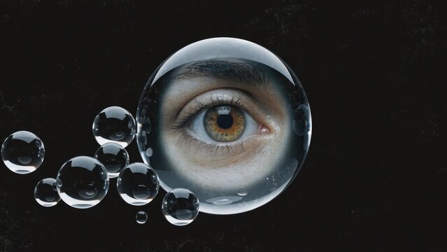 Eye in a soap bubble, transparent orbs, human eye close-up, reflective spheres, surreal vision
