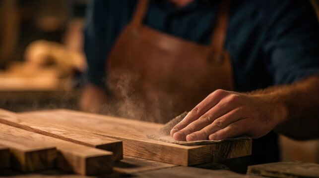 A person sands a wooden surface, creating fine dust as they smooth the wood in a workshop setting.
