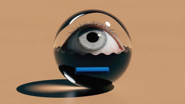 Glass sphere, eye inside, reflective surface, blue rectangle, brown background