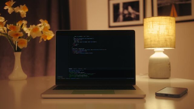 A cozy living room scene featuring a laptop on a table, displaying lines of code and active programming activity on the screen. Concept of software development, coding, and modern technology in a