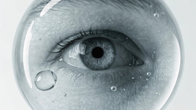 Close-up eye in water droplet, clear bubble, human eye detail, gray background