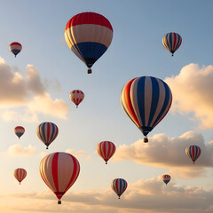 Obraz premium A serene landscape of colorful hot air balloons floating gently in a clear blue sky with fluffy white clouds at sunrise