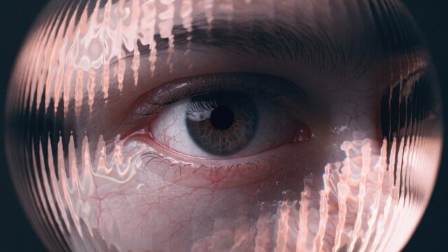 Close-up eye with futuristic digital overlay, human face detail, eye with code reflection, surveillance concept