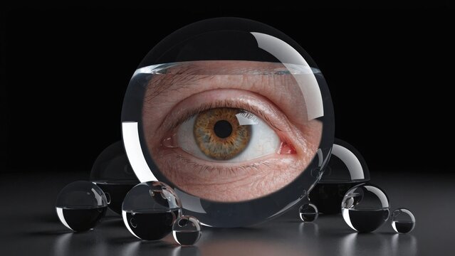Crystal ball eye, mystical gaze, glass sphere, futuristic vision, close-up
