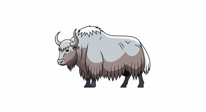 Cartoon illustration of a fluffy white yak with horns and a long coat