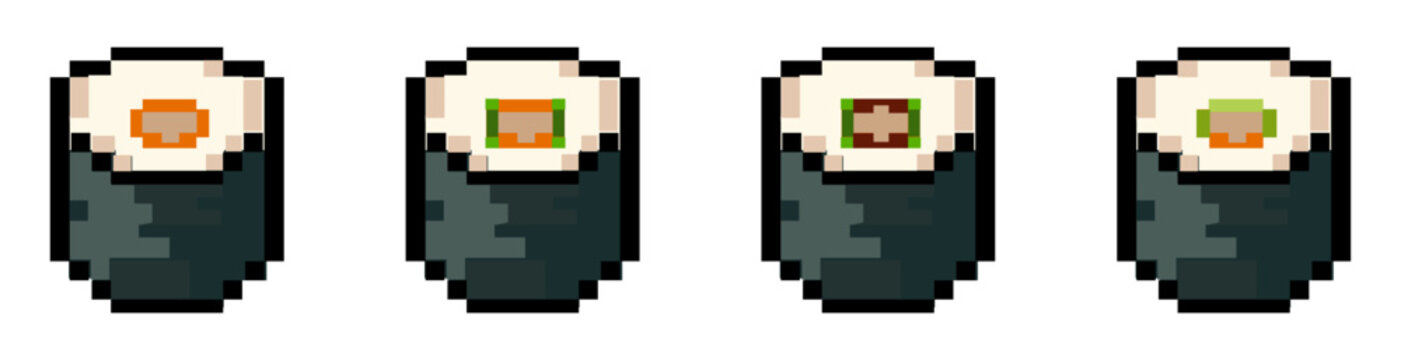 Banner Set of A collection of pixel art sushi rools icons featuring a avocado and salmon in a retro 8-bit video game vector graphic design
