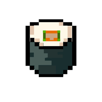 pixel art sushi rool icon featuring a avocado and salmon in a retro 8-bit video game vector graphic design
