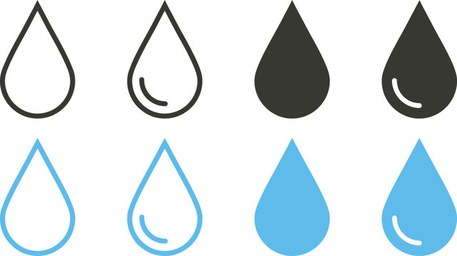 Waterdrop vector icon set. Rain drip liquid logo. Droplet sign. Tear and oil isolated symbol. Simple blue splash mark.