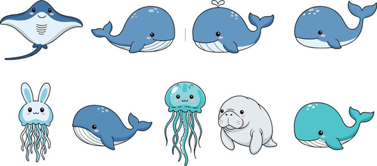 Cute Blue Ocean Sea Animal Cartoon Vector Illustration Set with Whale Stingray Jellyfish Seal and Underwater Creature Character Collection © MstSelina