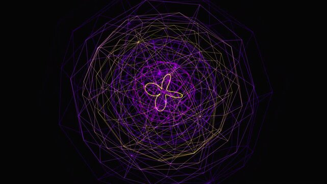 Premium 4K seamless loop of nested dodecahedron and torus knot Sahasrara crown chakra sacred geometry unfolding in a deep cinematic void. Ideal for VJ sets, trance festival visuals, meditation,  yoga